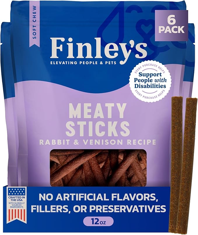Finley's Rabbit & Venison Meaty Sticks, Limited Ingredient Chicken-Free Dog Treats with Real Meat, 12oz, 6 Pack