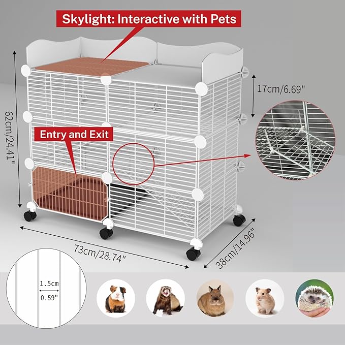 STILLCOVE Large Guinea Pig Cages Indoor on Wheels, 3 Tier C&C Ferret Cage Small Animal Hideout House with Top & Removable Tray, Pet Playpen Fence for 1-3 Hamster, Rat, Chinchilla, Hedgehog