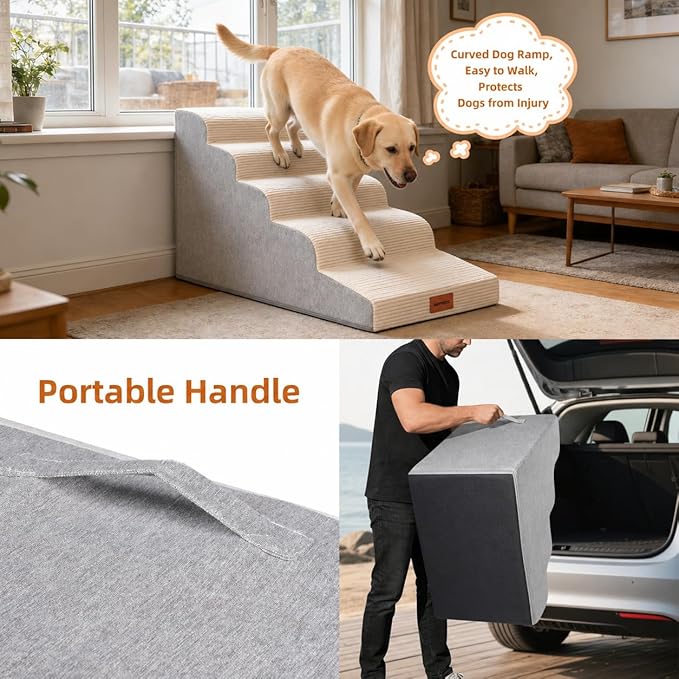 Dog Stairs for Small Dogs and Cats, 22.6" H, 5-Step Curved Pet Ramp for High Bed, Non-Slip Medium Pet Steps with High Density Foam, Beige