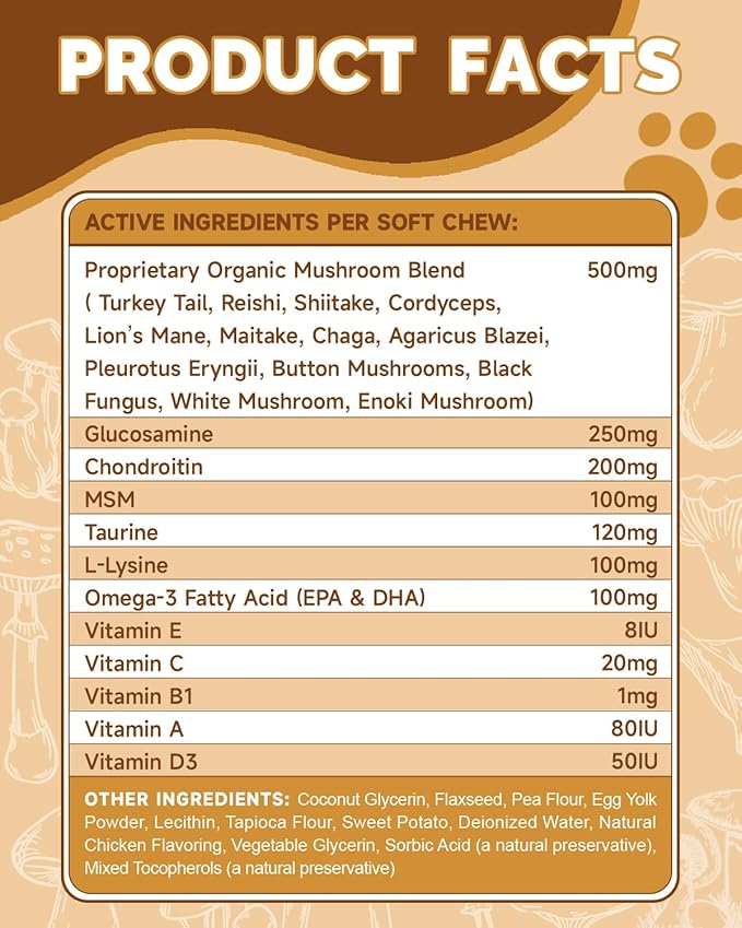 Mushrooms for Dogs - Turkey Tail Mushroom for Dogs - Gut, Skin, Joint, Immune Health- Dog Lumps & Bumps - 13 Organic Mushrooms Turkey Tail, Reishi, Lions Mane, Glucosamine, MSM - Chicken Flavor