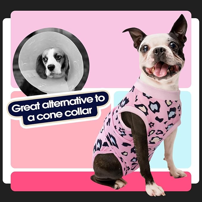 FUAMEY Recovery Suit for Dogs After Surgery,Soft Breathable Dog Bodysuit E-Collar & Cone Alternative Surgical Suit,Male Female Dog Neuter Spay Suits Anti Licking Wounds Onesie Pink Leopard S