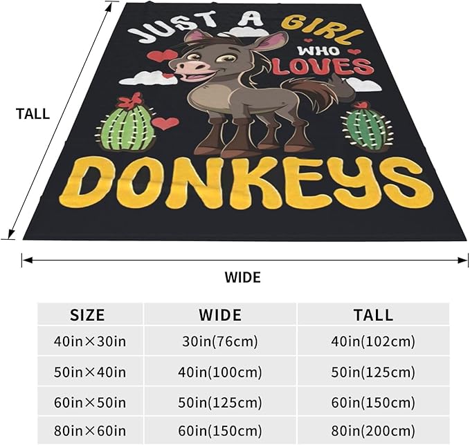 Just A Girl Who Love Donkeys Blanket Funny Donkey Decor Throw Blanket Gifts for Girls Boys Super Warm Soft Plush Lightweight Fleece Flannel Blanket Couch Bedding Blanket for Adults Kids Women 80"X60"
