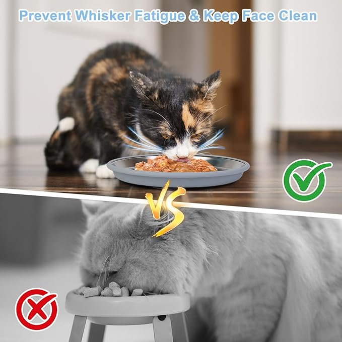Cat Food Bowls 2 Pack, Wide and Shallow Stainless Steel Cat Bowls with Non-Slip Bottom, Metal Whisker Friendly Pet Dishes for Dry, Wet and Can Food
