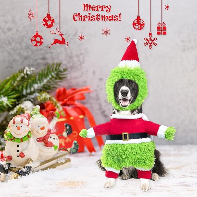 NACOCO Dog Christmas Furry Costume - Xmas Halloween Dog Cosplay Clothes with Cape Hat Green Monster Funny Uniform Santa Outfits Party Favors Apparel Warm Winter (Green, XS