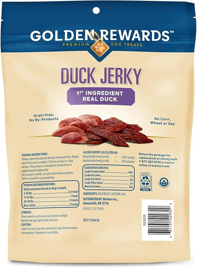Golden|Rewards Duck Jerky Dog Treats, 16 oz Bag, Real Duck Breast, Only 3 Ingredients, Low Fat, Grain-Free, No by-Products, No Corn Wheat or Soy, Natural High Protein Chews for All Dog Sizes