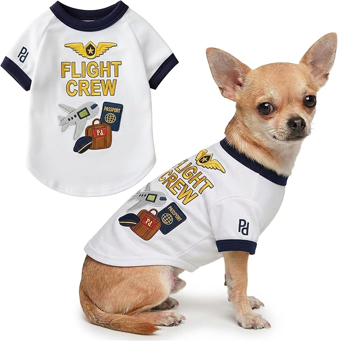 Parisian Pet Dog Flight Crew Shirt - Embroidered Pet Vest - 100% Cotton & Polyester Doggy Shirt - Lightweight Pet Clothes - Sleeved Puppy Costume - White Shirts for Small Dogs - S