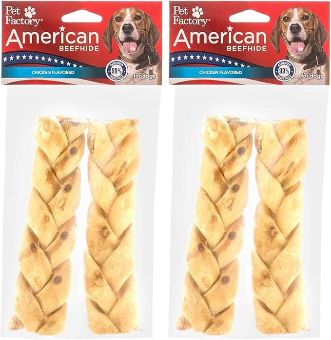 Pet Factory American Beefhide 6" Braided Sticks Dog Chew Treats - Chicken Flavor, 2 Count/2 Pack