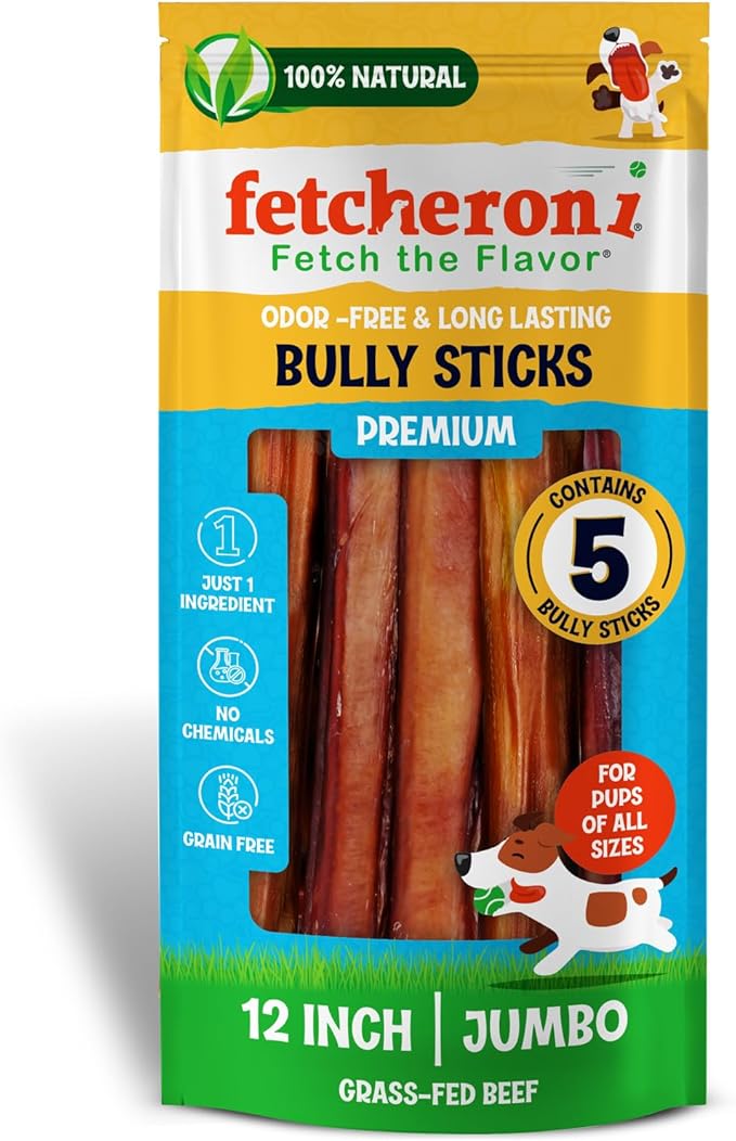 Jumbo Bully Sticks for Dogs - 100% Beef, Rich Flavor - A Thick, Easily digestible Stick for Your Large Dog and Aggressive chewers -Dog Bully Sticks for Large Dogs (12 Inch, 5 Pack)