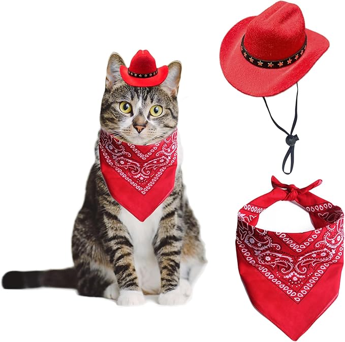 Dog Cowboy Hat Cat Cowboy Hat Mini Cowboy Hat for Dogs Cat Pet Cowboy Costume with Bandana Scarf Holiday Halloween Pet Party Decoration (red, Small)