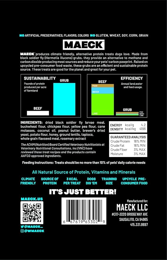 MAECK Insect Grub Protein Dog Treats, 6 Ounces, All Natural, Gluten Free, Sustainable - Peanut Butter and Grub Recipe