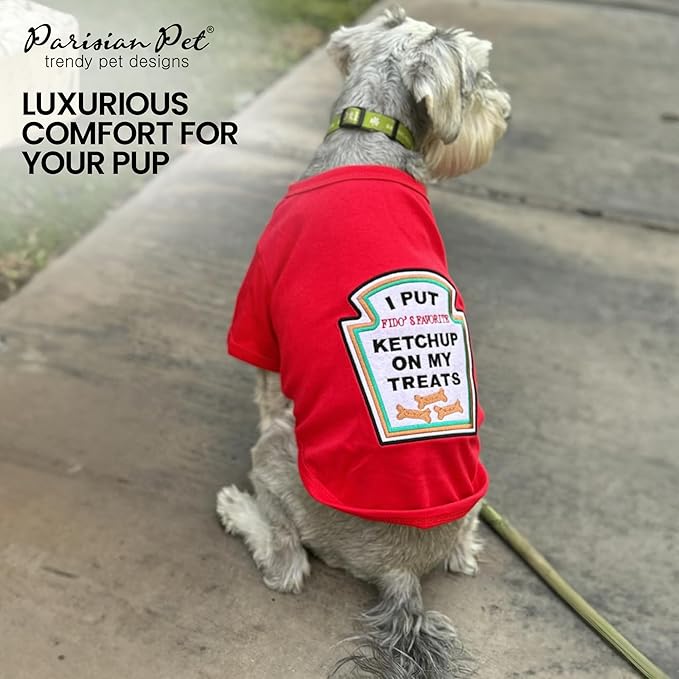 Parisian Pet Ketchup Dog Costume - 100% Cotton Red Dog Clothes for Small Dogs Boys - Lightweight and Breathable Puppy Outfits - Funny Chihuahua Clothes - Cute Pet Shirt - Stretchy T Shirt for Dogs