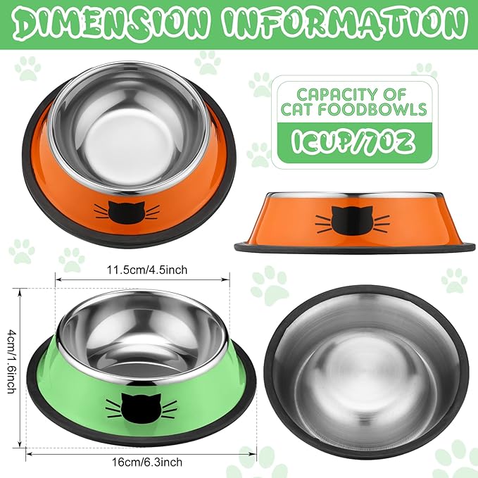 Amylove 6 Pcs Cat Bowls for Food and Water Cat Dishes Stainless Steel Pet Food Bowls 7 oz Anti Slip Metal Pet Dish with Removable Rubber Base Thick for Feeding Indoor Kitten Small Dog(Classic Color)