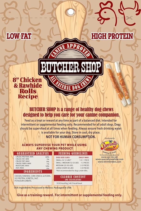 Butcher Shop 8” Chicken & Rawhide Rolls Dog Treats (2 Pack - 20 Rolls)
