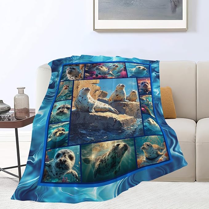 Seal Throw Blanket Ocean Seal Stuff Gifts for Kids Girls Boys Adults Women Men Soft Cozy Warm Plush Fluffy Fuzzy Fleece Blanket Decor 50''X60''