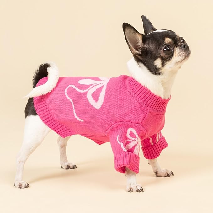 Fitwarm Bowknot Valentine's Dog Sweater, Thermal Winter Clothes for Small Dogs, Charming Valentine's Outfit, Dog Pullover Jumper, Holiday Pet Apparel, Pink, Medium