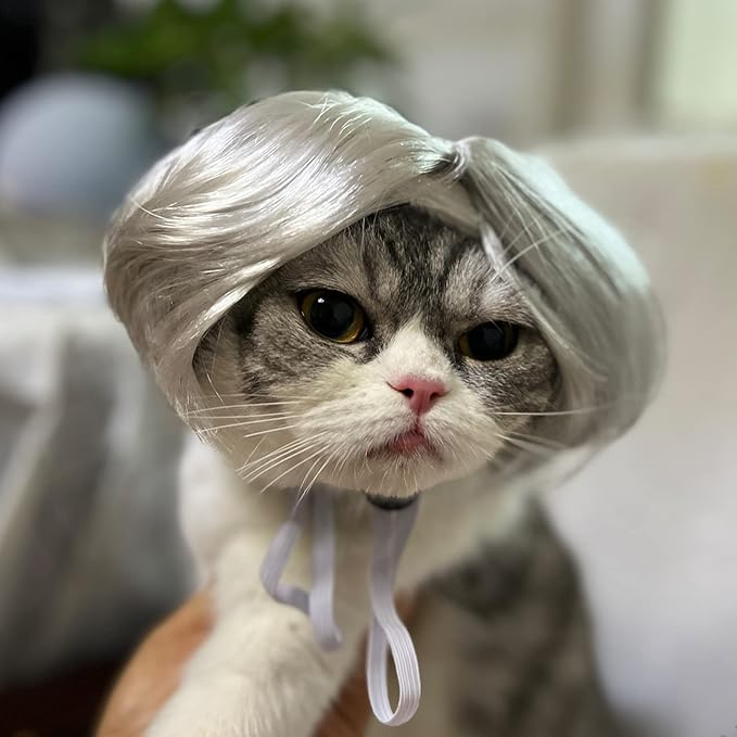 Funny Dog Cat Cosplay Wig, Headwear Apparel Toy, Cat Dress up for Halloween, Christmas, Parties, Festivals, Wigs for Small Medium Dogs and Cats