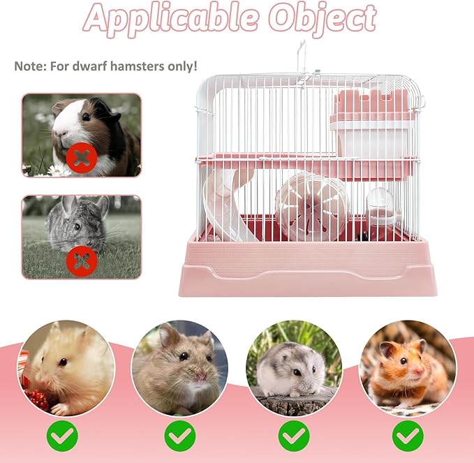 PINVNBY 2-Tier Dwarf Hamster Cage, Travel Portable Mouse Cage Gerbil Cages and Habitats Small Animal Carrier with Castle House Running Exercise Wheels, Water Bottle and Food Dish（Pink）