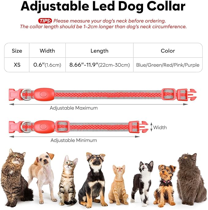 Flashseen LED Dog Collar, Light Up Dog Collar USB Rechargeable, Brightest Dog Lights for Night Walking, Adjustable Dog Collar Light for Dog Safety (Red, X-Small)