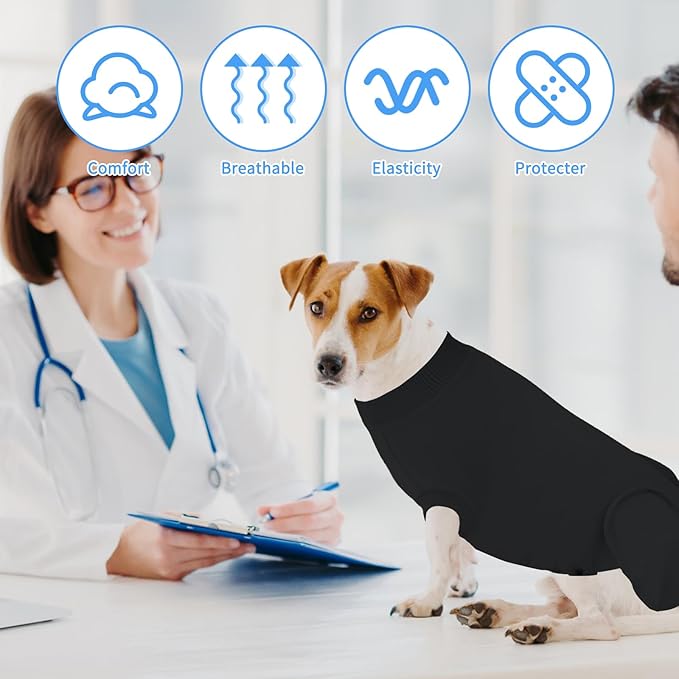 2 Packs Breathable Cotton Dog Recovery Suit for After Neuter Spay Abdominal Wounds Protector, Professional Anti-Licking Onesies for Male Female Pets Surgery Bandages, S Black Grey Pure