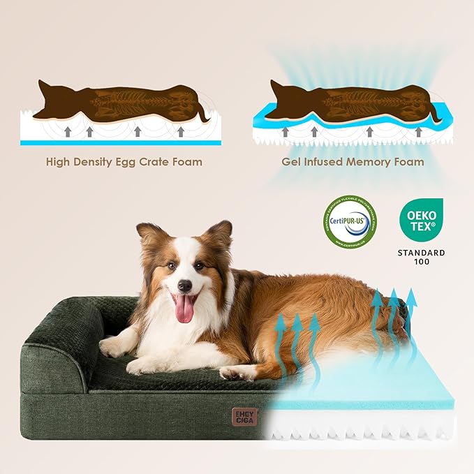 EHEYCIGA Memory Foam Dog Bed Large Size Dogs, Orthopedic Dog Bed Large with Washable Removable Cover, Waterproof Pet Sofa Couch with Nonskid Bottom, 36x27x6, Dark Green