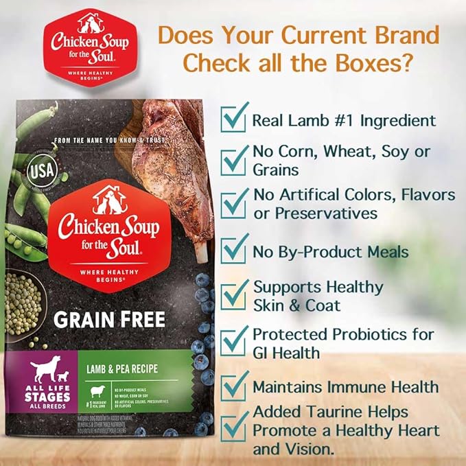 Chicken Soup for the Soul All Natural Premium Grain-Free All Life Stage Dry Dog Food, Real Meat First Ingredient, No By-Products, Added Taurine Supports Heart Health, Lamb & Pea, 25lb