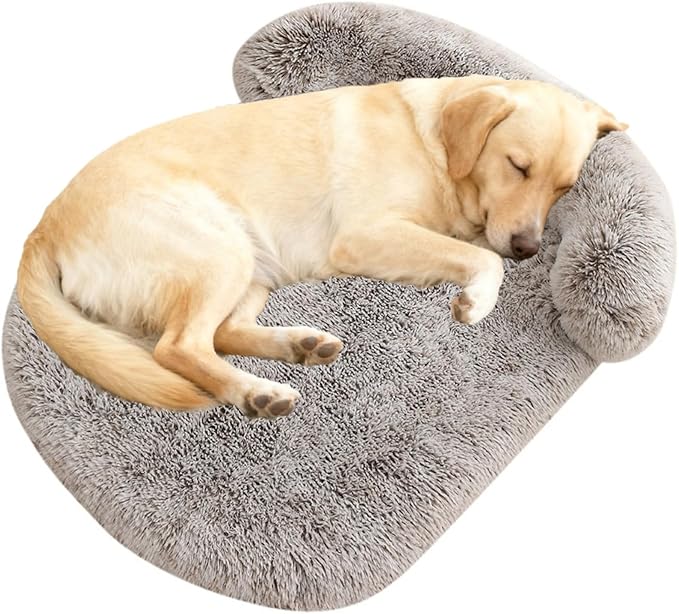 Calming Dog Beds for Medium Large Dogs, Orthopedic Cushion Plush Dogs Lounge Sofa with Washable Removable Cover, Anti-Anxiety Soft Faux Fur Fits up to 40 lbs Pets (Oval, Marble Grey 32"x24")