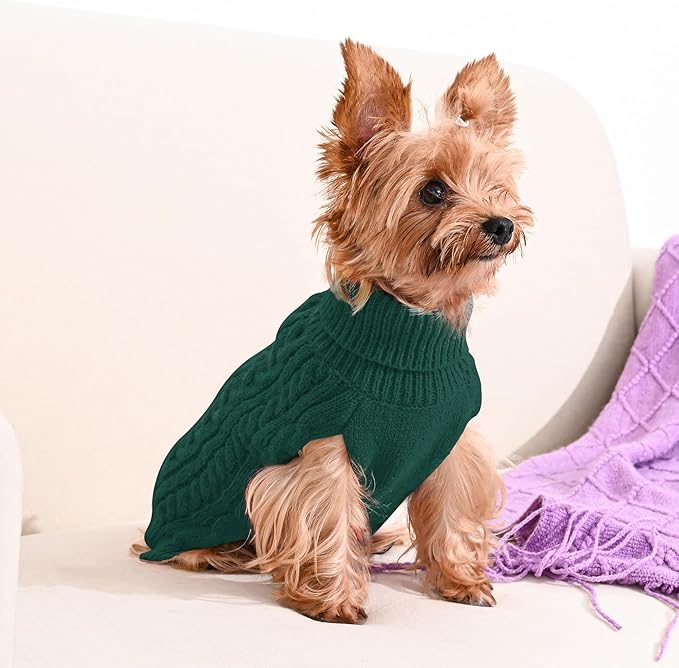 2 Pack Dog Sweaters for Small Dogs Winter Turtleneck Pullover Cable Knit Fleece Stretch Puppy Doggie Chihuahua Toy Poodle Yorkie Pomeranian Boy Girl Pet Clothes (S, Green & Brown)