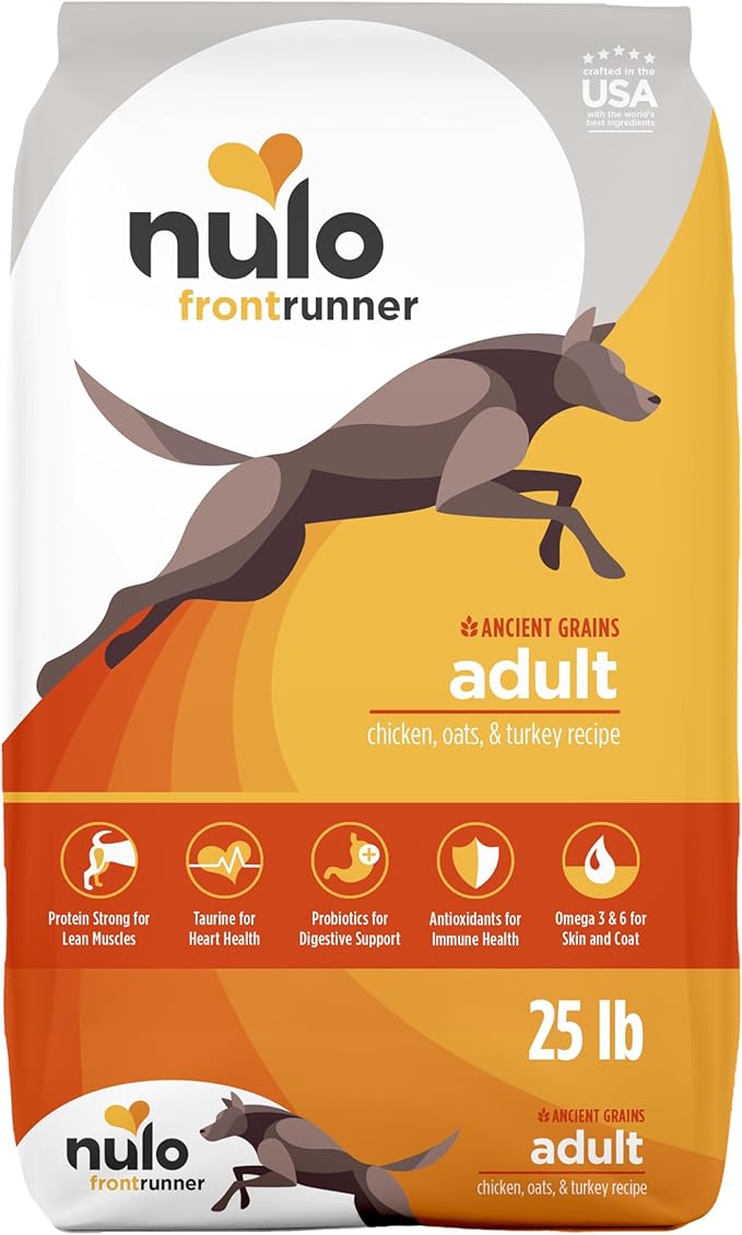 Nulo Frontrunner Dry Dog Food - Adult High-Protein Chicken, Oats & Turkey Recipe, Natural Kibble with Ancient Grains, Probiotics, Taurine, Omega 3 for Small, Medium and Large Breeds, 25lb Bag