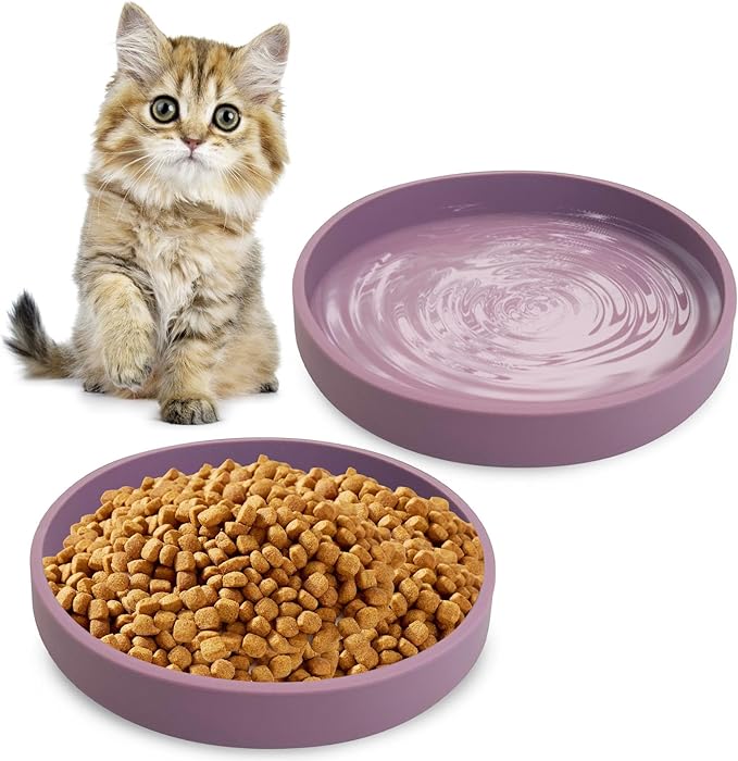 Silicone Cat Food Bowls Shallow Cat Dishes 5.9in Wide Pet Plates Set of 2 Small Flat Dog Saucer Bowl Cute Whisker Fatigue Kitten Feeding Dish for Dry & Wet Food (Round Purple)