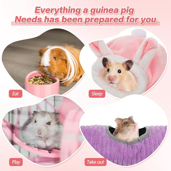 Teenyyou 24 Pcs Small Guinea Pig Starter Kit Essentials for Hamster Cage Accessories Toys House Bed Cage Cleaner Food Bowl Water Holder Carrier Bag Teething Toys Liner Tunnel for Beginner(Pink)
