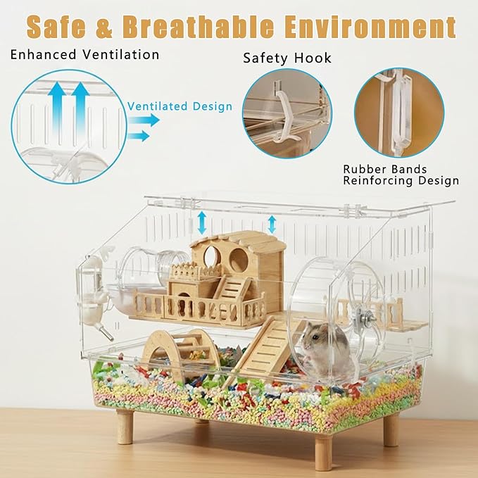 Chew-Resistant Acrylic Hamster Cage, Large Habitat with Enhanced Safety Lock System for Syrian & Dwarf Hamsters, Gerbils, Mice, Includes Full Accessory Set - 18.5" x 11.8" x 14.6"