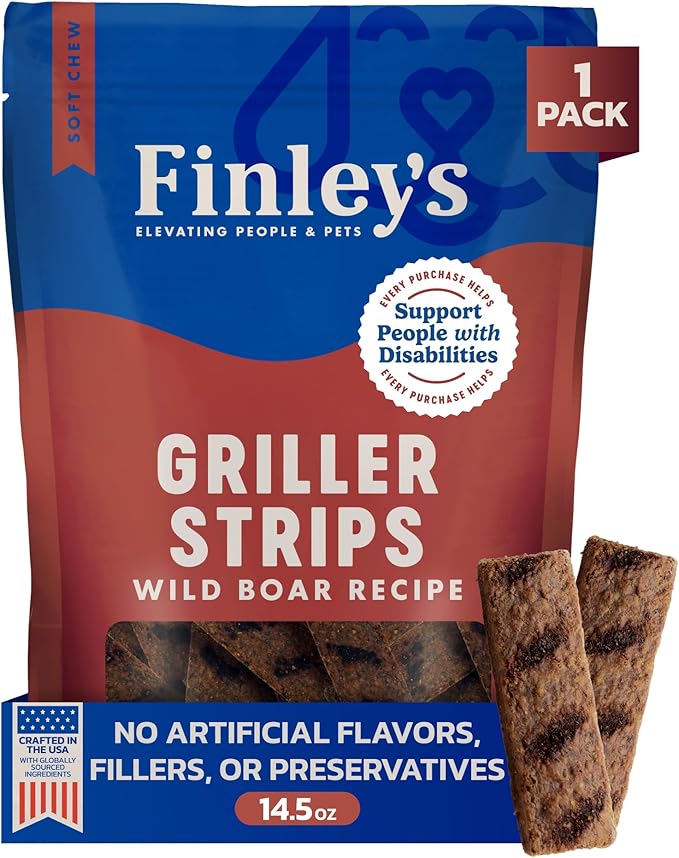 Finley's Wild Boar Griller Strips for Dogs, Jerky-Style Dog Treats with Real Ingredients for All Breeds and Sizes, 14.5oz, 1 Pack