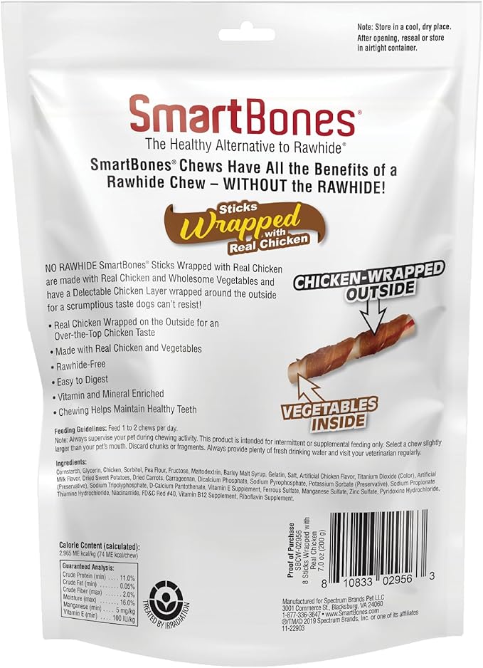 SmartBones Chicken-Wrapped Sticks, Treat Your Dog to a Rawhide-Free Chew Made With Real Chicken and Vegetables, 8 Count (Pack of 24)