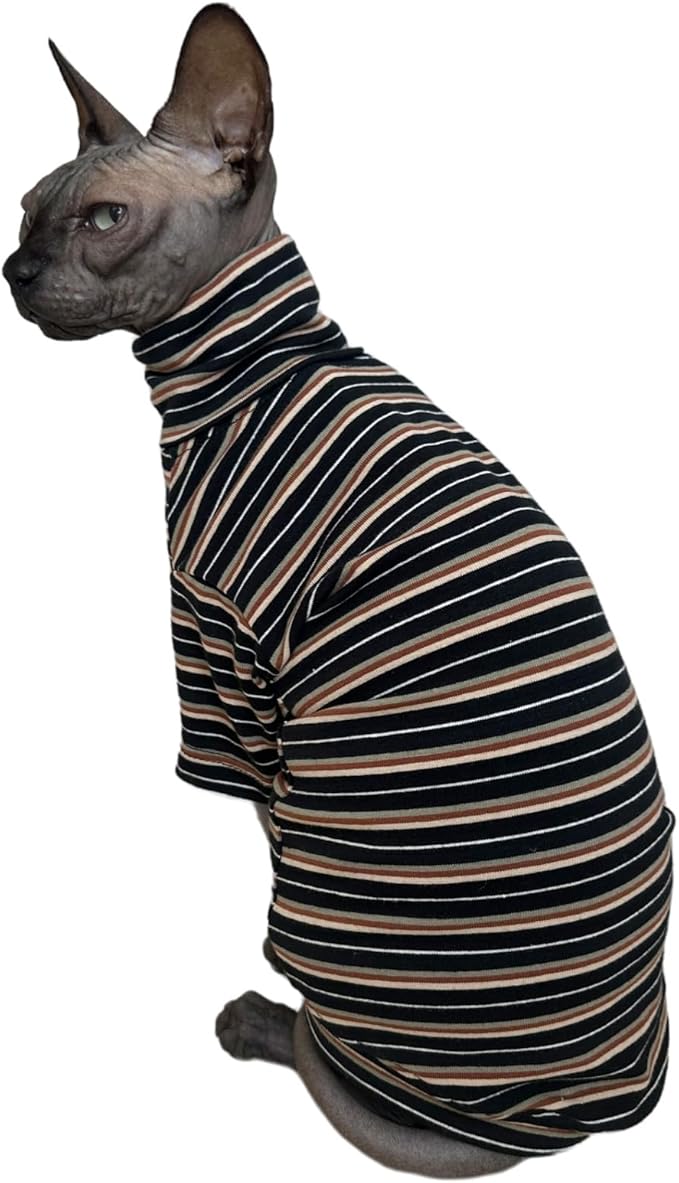 Vintage Stripes Sphynx Hairless Cats Shirt Cotton Cat Turtleneck Pet Clothes Kitten T-Shirts with Sleeves for Sphynx Cats (Vintage Black, Medium)