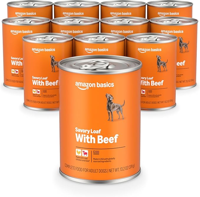 Amazon Basics Wet Dog Food, Savory Loaf with Beef, Made with Real Beef and Chicken 13.2 oz can (Pack of 12)