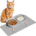 Elevated Cat Bowl with Food Mat, Raised Cat Food and Water Bowl Set for Indoor Cats, Splash Proof with 2 Stainless Steel Pet Food Bowls for Cats and Puppies,Whisker Fatigue and Dishwasher Safe (Grey)