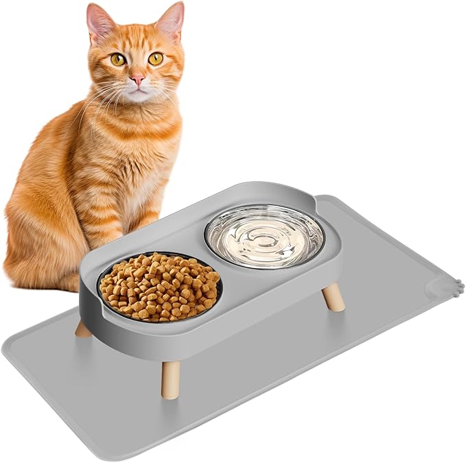 Elevated Cat Bowl with Food Mat, Raised Cat Food and Water Bowl Set for Indoor Cats, Splash Proof with 2 Stainless Steel Pet Food Bowls for Cats and Puppies,Whisker Fatigue and Dishwasher Safe (Grey)