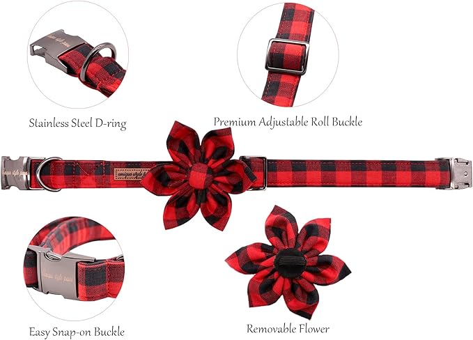 Uniqe Style Paws Christmas Grid Dog Collar, Female or Male Adjustable Puppy Collar with Flower, Durable Floral Pattern Pet for X-Small Dogs