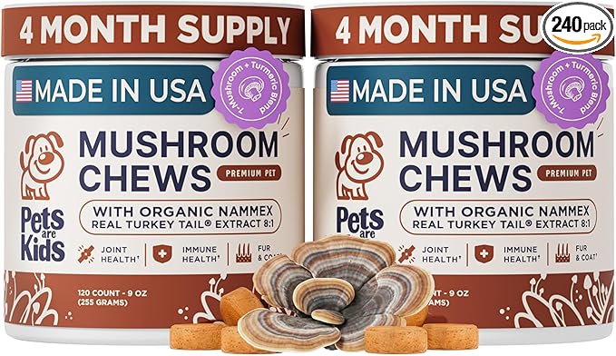 Pets are Kids Turkey Tail Mushroom for Dogs with Organic Real Turkey Tail™ - 8:1 Extract Mushroom Chews for Lumps & Bumps, Immunity, Gut, Skin, Joint & Spine Support - Reishi, Lion’s Mane - 240 Chews