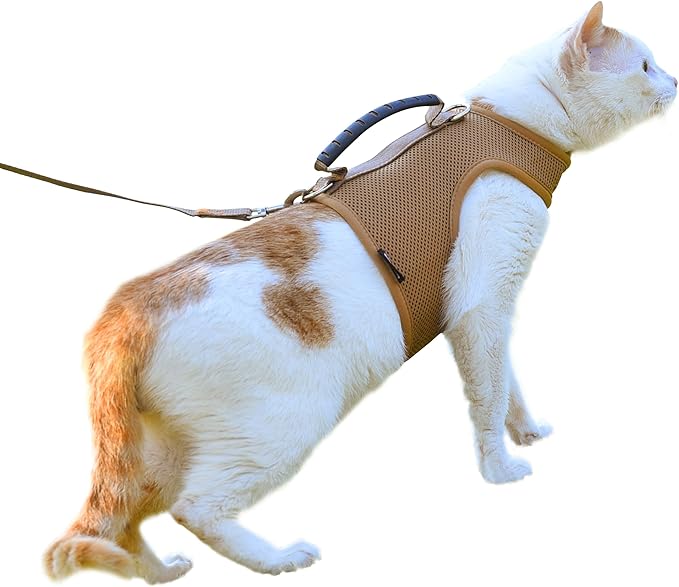 Cat Harness and Leash for Walking Escape Proof Breathable Mesh Fabric, Solid Brown, Large, Adjustable Cat Walking Jackets with Handle, Padded Stylish Cat Vest