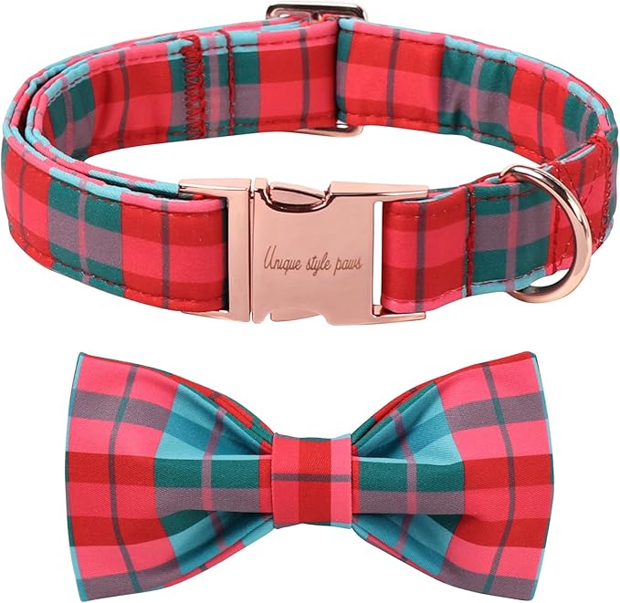 Unique Style Paws Christmas Dog Collar with Bow Red Green Grid Cotton Puppy Collars for Small Medium Large Dogs