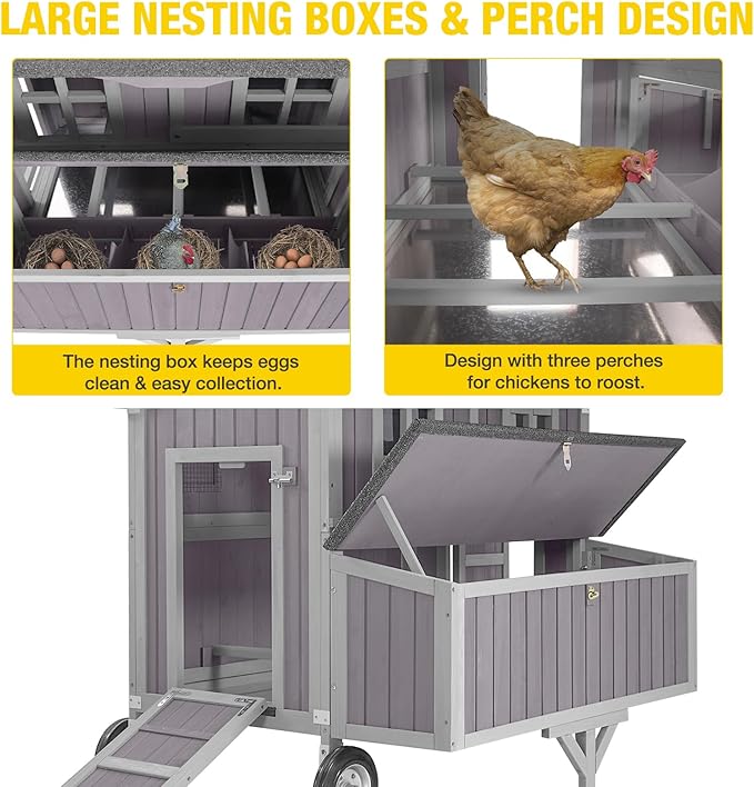 Large Chicken Coop with Wheels, Weatherproof Chicken Tractor with Asphalt Roof, Wooden Poultry Cage with Nesting Box & Removable Tray, Outdoor Hen House for 3-5 Chickens Backyard Farm