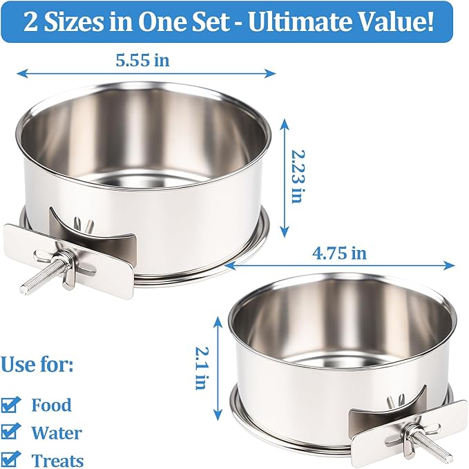 2 Pack Stainless Steel Bird Food Bowl Small Bird Feeding Dish Cups for Cage Parrot Food Bowl Cage with Clamp Holder for Parrots, Cockatiels, Small Animals (M+L)