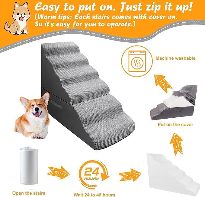 30 inch Dog Steps for Small Dogs Up to 30-36 Inch Tall, Pet Cat Dog Ramp Ladder for Doggie, Old Cats, Kitty Grey No Assembly Required