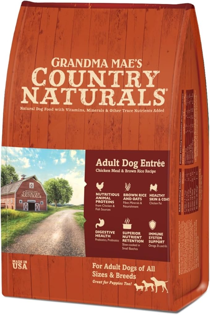 Grandma Mae’s Country Naturals Dry Dog Food, Adult Sensitive Stomach Formula, Chicken & Brown Rice, Slow Cooked & Nutrient Dense, Made in USA, 4 LB Bag