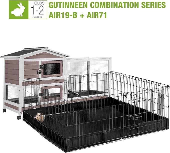 GUTINNEEN Rabbit Hutch with Chew-Proof Ramp, Large Mobile Bunny Cage with 6 Wheels, 2 Story Wooden Cage for Rabbits, Guinea Pigs, and Chickens, Outdoor/Indoor Use, 62" L x 22.6" W x 33.5" H