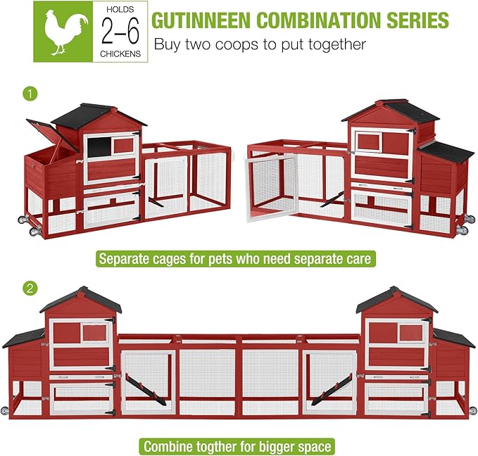 GUTINNEEN Mobile Chicken Coop with Wheels for 2-4 Chickens, Expandable Wooden Hen House with Divided Nesting Box, Reinforced Coop Balcony, Roosting Perch, Metal Pull-Out Tray, 82.4" L (Red)