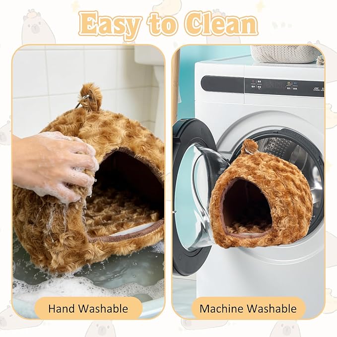 PINVNBY Guinea Pig Hideout Bed Hamster Cave Warm Bunny Bed Dwarf Rabbit House Bed Hedgehog Cage Accessories Winter Sleeping House for Hedgehog Ferret Rat Chinchilla and Other Small Animals（Brown）