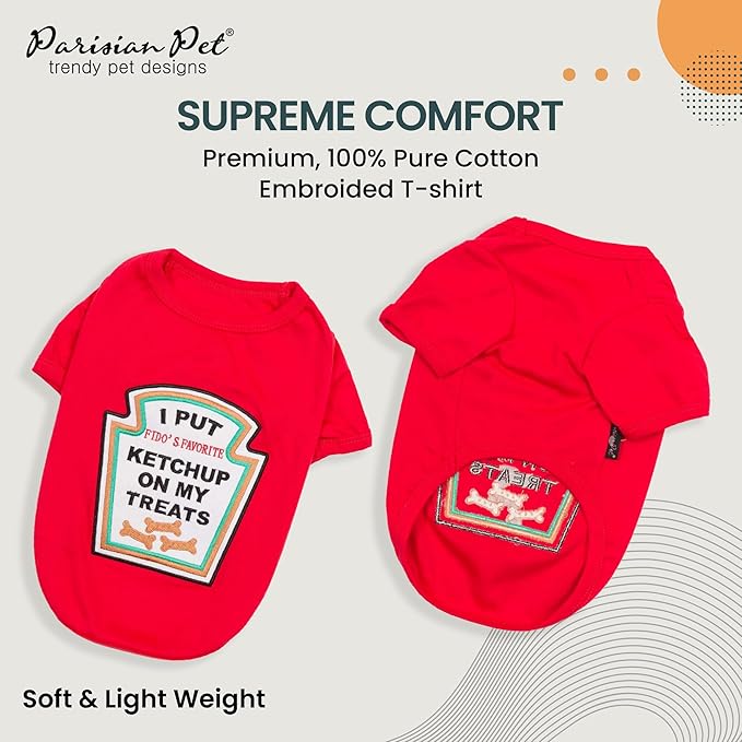 Parisian Pet Dog Shirt - Embroidered “I Put Ketchup on My Treats“ - 100% Cotton and Polyester Doggy Clothes - Sleeved, Lightweight Costume for Dogs - Red Puppy Shirts for Large Dogs - XL
