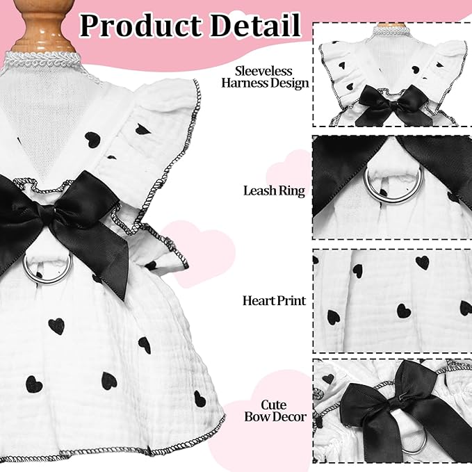 2 Pieces Dog Dress, Pet Clothes for Small Dogs Girl, Cute Heart Print Puppy Sleeveless Dresses with D-Ring, Breathable Pet Outfit Summer Clothes for Small Dogs Puppy Cats Girl Apparel (Heart, Large)